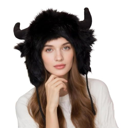 Winter Plush Hat with Horns Faux Fur Animal Trapper Hat Ox Ears Beanie for Halloween Xmas Carnival Cosplay - color: Black
