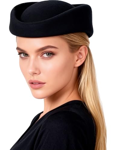 HIMESPORT Wool Felt Beret Derby Fascinator Hats for Women Ladies Church Tea Party Formal Wedding Pillbox Hat - color: Black