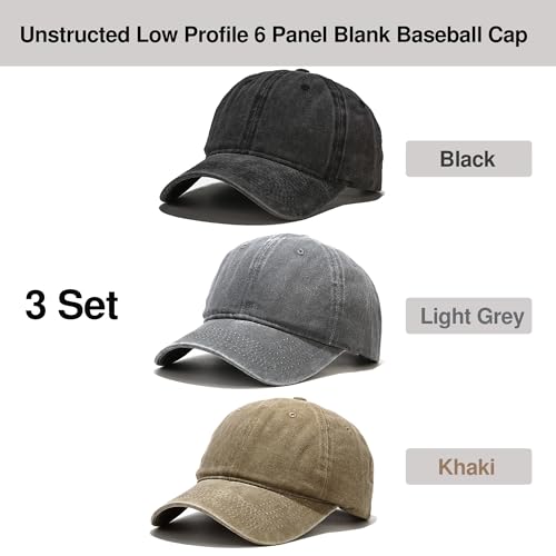 Baseball Cap 3 Pack, Vintage Distressed Cotton Dad Hats for Women Men - color: Black, Light Grey, Khaki