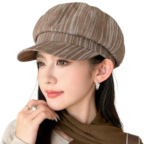 Womens Striped Octagonal Newsboy Cap Vintage Ivy Paperboy Cabbie Gatsby Painter Hats Fashion Beret Hat for Daily - color: Coffee