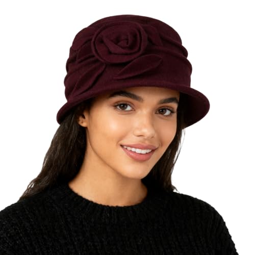 Wool Cloche Bucket Hat for Women 1920s Floral Bowler Cap Elegant Church Dress Cap Winter Warm Fedora Hat - color: Wine Red