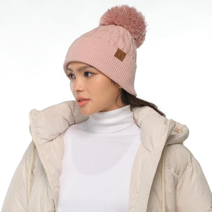 C.C Lurex Cable Pom Beanie for Women - Stretchable Soft Warm Knit Winter Skully Hat with Yarn Pom - color: Rose / Rose Metallic