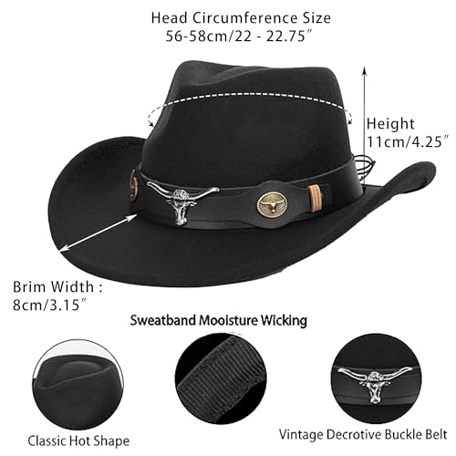 IZUS Women Sparkly-Rhinestone Western-Cowgirl-Hat Glitter-Bling Cowboy-Hat Felt-Rodeo-Hat for Disco-Party Medium/Large - color: Black-s3 Black Bull Strap