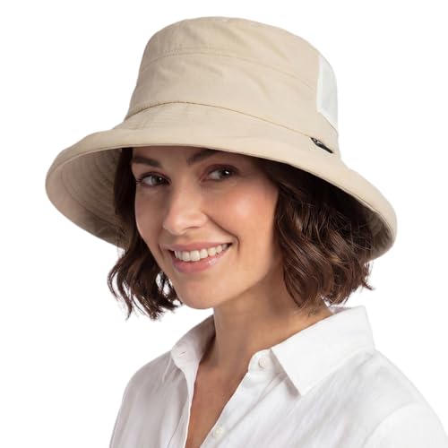 TOP-EX UVCoolix™ Women's Cooling Bucket Sun Hat with Ponytail Hole Wide Brim UPF 50 Packable Summer Travel Outdoor - color: Beige, size: Large-X-Large