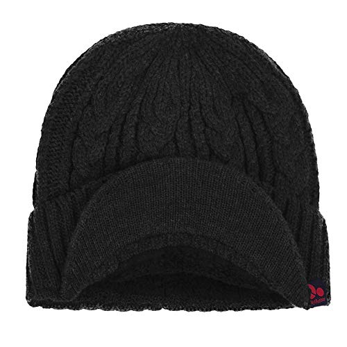 Original One Men Wool Blend Cable Knitted Visor Beanie Winter Knit Hat with Brim Fur Lined Ski Cap - color: Black