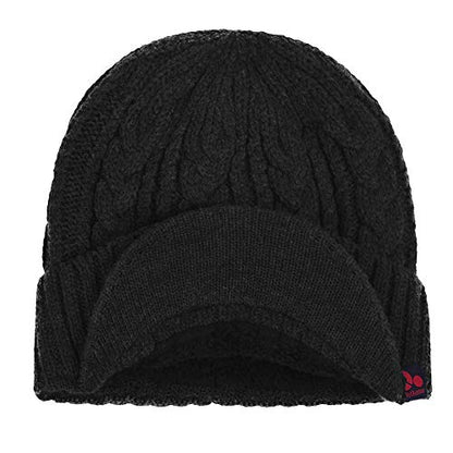 Original One Men Wool Blend Cable Knitted Visor Beanie Winter Knit Hat with Brim Fur Lined Ski Cap - color: Black