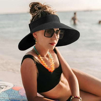Women's Sun Visor Hats Wide Brim Straw Beach Hat Ponytail Hats for Women Foldable Floppy - color: 1pack-black Cooling Sleeves