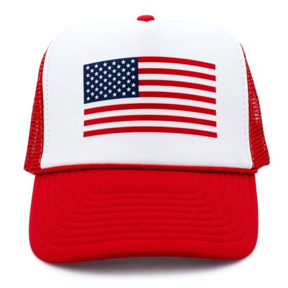 American Flag Patriotic USA Classic 5 Panel Mesh Snap Back Trucker Hat - color: Red - Flag