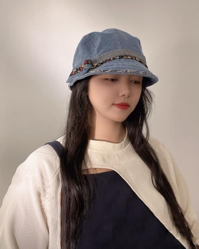 Women Denim Bucket Hat Brim with Floral Foldable Versatile Cap - color: Blue