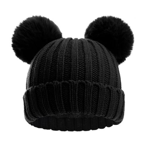 Toddler Winter Knit Hat Upgrade Fleece Lined Pompom Ears Beanies Cap for Boys Girls 3-12 Years - color: New Black