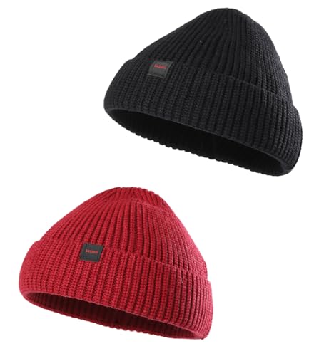 2 Pack Fisherman Beanie Hats for Men Women,Knit Trawler Skull Cap,Watch Cap,Spring Fall Winter Warm Short Hats - color: (Thick Stretchy) 2pcs:black+winery(m)