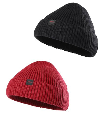 2 Pack Fisherman Beanie Hats for Men Women,Knit Trawler Skull Cap,Watch Cap,Spring Fall Winter Warm Short Hats - color: (Thick Stretchy) 2pcs:black+winery(m)