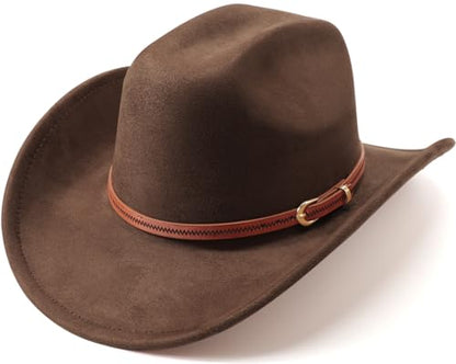 DRESHOW Cowboy Hat for Women and Men Wide Brim Western Cowboy Cowgirl Hat with Belt Buckle Unisex Rolled up Caps - color: Deep Coffee