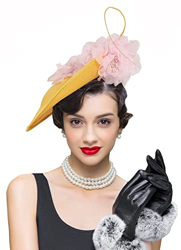 ORIDOOR Women Fascinators Derby Church Tea Party Wedding Flower Feathers Headpiece with Headband Clips - color: 06a-yellow+pink