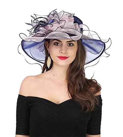 SAFERIN Women's Organza Church Fascinator Bridal Tea Party Wedding Hat - color: 2867-navy and Pink