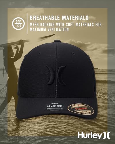 Hurley Mens Baseball Cap, H2O-Dri Stretch Fitted Hat with Curved Bill - color: Black, size: Large-X-Large