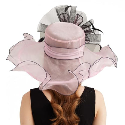 Women Organza Church Derby Hat Wide Brim Sun Caps for Wedding Tea Party Hat with Detachable hat Flower as Headgear - color: 11-pink