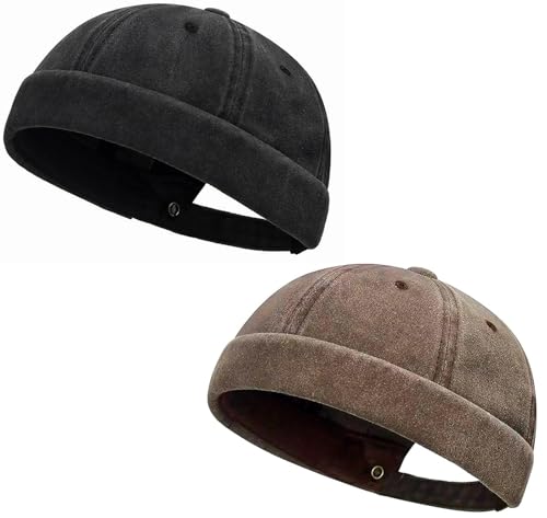 Initlove Docker Hat for Men Vintage Brimless Sailor Hat Beanie Cap - color: Black + Coffee