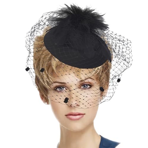 HIWIND Fascinators Hat Women Tea Party Pillbox Veil Cocktail Mesh Hat - color: Black