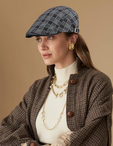 DIYDECAL Plaid Newsboy Hats Retro Flat Cap Gatsby Cabbie Driving Hat for Mens Womens - color: Black