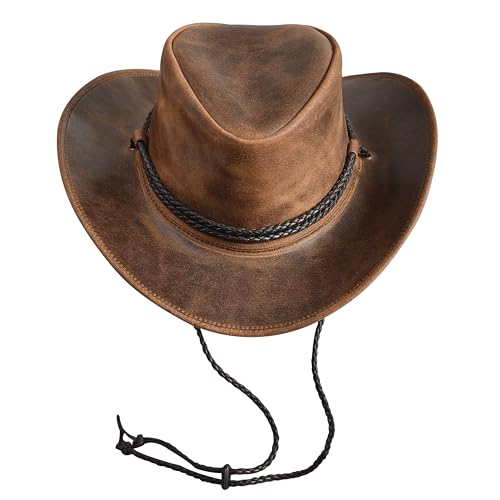 Sidewinder Mens Cowboy Leather Hat Western Style Unisex Shapeable Outback Classic Braided Hatband - color: Tan, size: Small