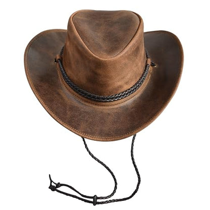 Sidewinder Mens Cowboy Leather Hat Western Style Unisex Shapeable Outback Classic Braided Hatband - color: Tan, size: Medium