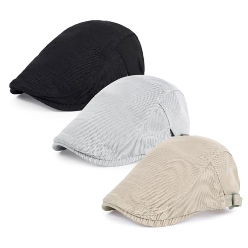 3Pcs Cotton Newsboy Hat for Men Cool Adjustable Flat Cap - color: Wy1-black+lightgrey+khaki