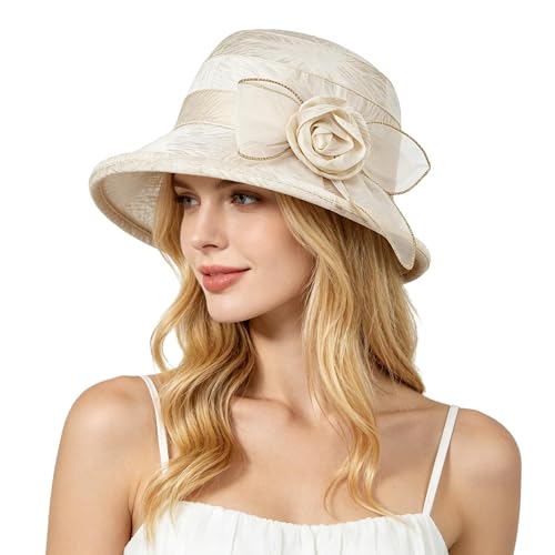 Women Flower Bowler Sun Hat Wide Brim Cloche Bucket Hat Foldable Breathable Wedding Church Tea Party Fascinator - color: Beige
