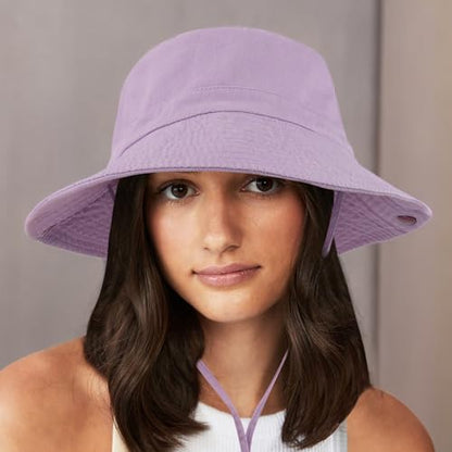 Unisex Cotton Boonie Hat Summer Fishing Bucket Hat Sun Hat with String - color: Solid Purple