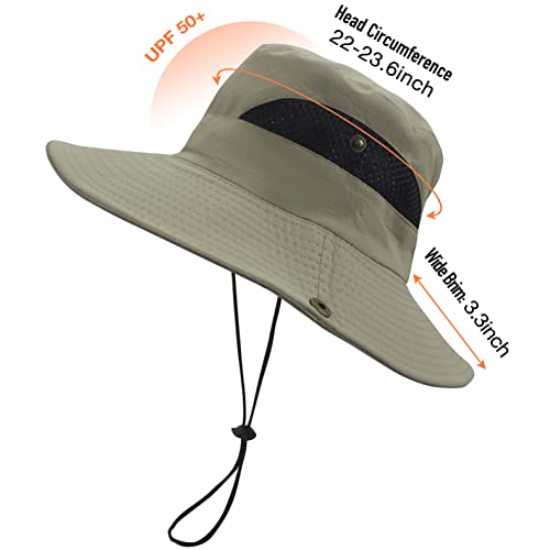 Sun Hats for Men Women UPF 50+ Wide Brim Bucket Hat Waterproof Packable Cowboy Hat for Fishing Beach Safari Gardening Golf - color: Khaki