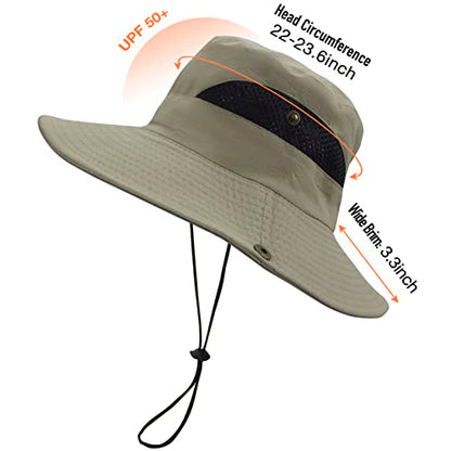 Sun Hats for Men Women UPF 50+ Wide Brim Bucket Hat Waterproof Packable Cowboy Hat for Fishing Beach Safari Gardening Golf - color: Khaki