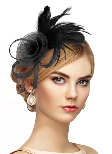 Zinniday Victorian Feather Fascinators Hats - 2025 Derby Attire Headwear with Hairpin,1920s Tea Party Hat for Woman - color: Black
