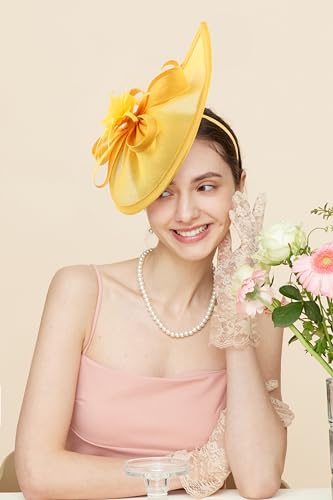 Gionforsy Fascinator Hats for Women Flower Tea Party Hats Pillbox Hat - color: Yellow