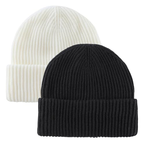 Home Prefer Rib Knit Beanie Hat for Men and Women Cuffed Beanie Winter Hat - color: Black+beige