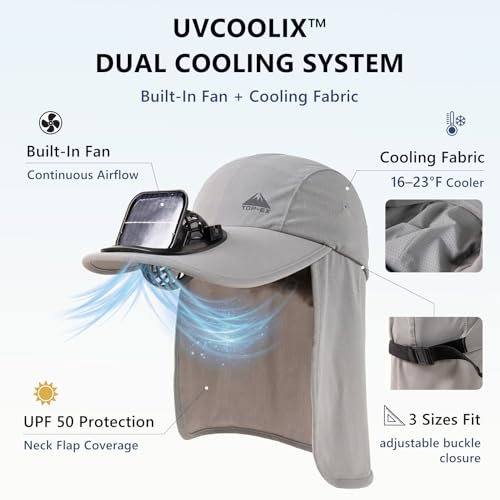 TOP-EX UVCoolix™ Cooling Neck Flap Baseball Sun Cap with Solar Fan - color: Light Grey, size: X-Large-XX-Large