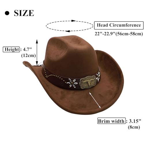 Western Cowboy Hat for Men Cowgirl Hat for Women Wide Brim Felt Fedora Hats Classic Cowboyhat with Buckle Belt - color: Coffee