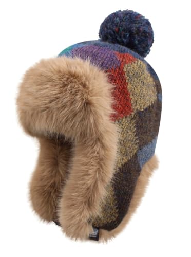 Fleece Trapper Hat Ear Flaps Women Plaid Thicken Winter Hats Beanies Hats - color: Navy