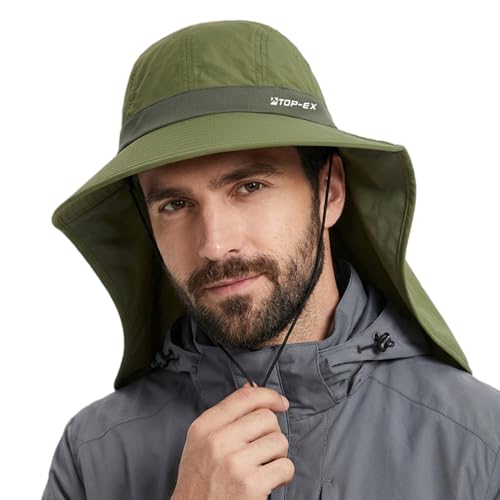 TOP-EX UPF 50+ Cooling Wide Brim Sun Hat for Men with Neck Flap, Packable - color: Bronze Green, size: Medium-Large