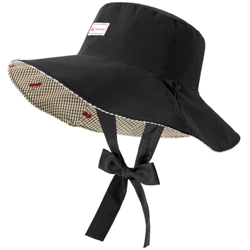Women's Reversible Bucket Sun Hat with Cherries Embroidered Pattern, UPF 50+ UV Protection, Water Resistant for Beach Hiking - color: Black