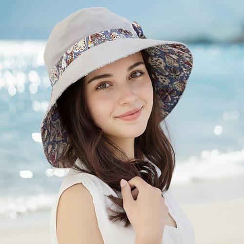 Women Bohemian Reversible Sun Hat Wide Brim Fishing Hats - color: Lac001-gray