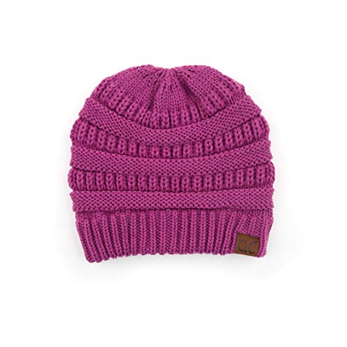 C.C Exclusives Soft Stretch Cable Knit Messy Bun Ponytail Beanie Winter Hat for Women (MB-20A) - color: 0 Criss-cross Magenta Purple
