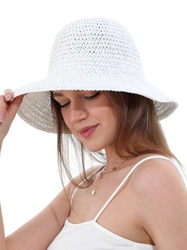 Womens Sun Hat Handmade Crochet Straw Bucket for Summer Foldable Travel Cap - color: White