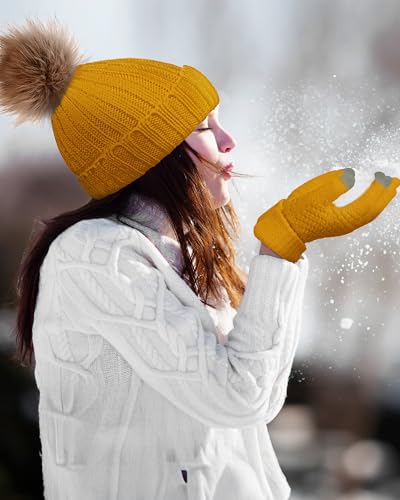Syhood 4 Pcs Hat and Glove Set Winter Beanie and Glove Set - color: Black and Yellow
