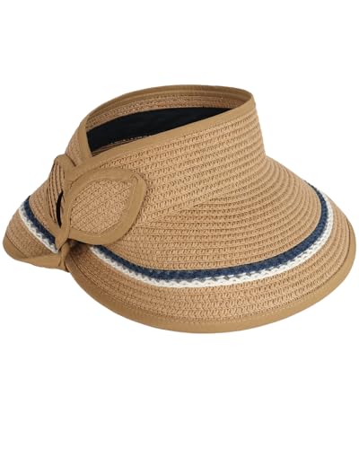 Sun Visor Hats for Women Packable Straw Hat for Travel, UPF 50+Summer Wide Brim Ponytail Beach Hat