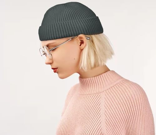 ROYBENS Swag Wool Knit Cuff Short Fisherman Beanie for Men Women Winter Hat - color: 1pcs-dark Grey-thick Double Layer