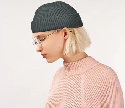 ROYBENS Swag Wool Knit Cuff Short Fisherman Beanie for Men Women Winter Hat - color: 1pcs-dark Grey-thick Double Layer