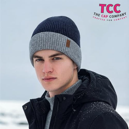 Beanie Fleece Lined Soft for Men Women | Winter Hats Warm Double Layered Stylish Knited Cuffed Plain Beanie Skull Cap | - color: A12- Blue/Grey