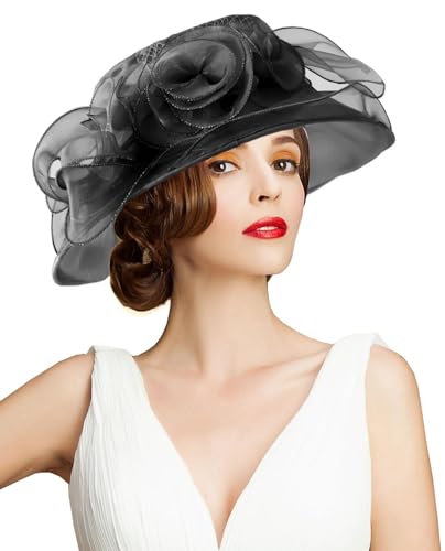 Women's Kentucky Derby Church Dress Hat Wide Brim Leaf Flower Bridal Shower Hat - color: A9 Black