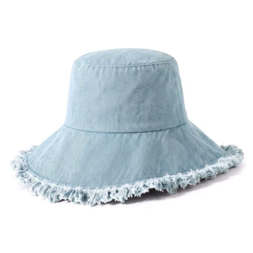 CHOK.LIDS Frayed Bucket Hat Washed Cotton Floppy Wide Brim Boonie Cap - color: Undercool Denim