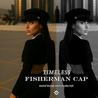 Funky Junque Greek Fisherman Newsboy Cap, Cotton Captains Bakerboy Hat - color: Faux Suede - Black